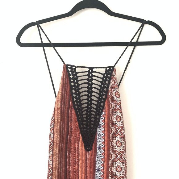 ASTR The Label Size M Boho-Inspired Maxi Dress Crochet Front Striped Geometric - Picture 5 of 8